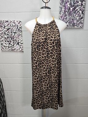 Michael Kors Collection Leopard Print Halter Dress with Gold Chain